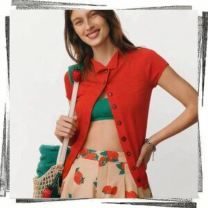 NWT: Warm & Light Weight Orange/Red Merino Wool Short-Sleeve Cardigan (S)